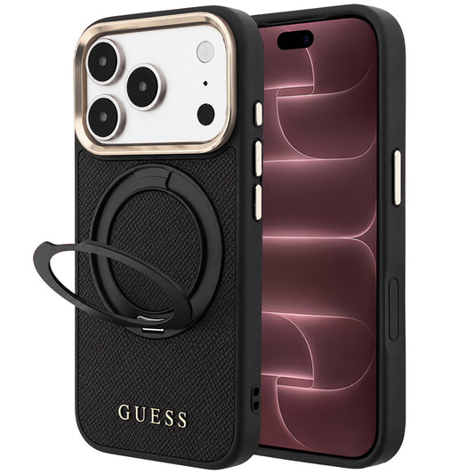 Калъф MagSafe за Apple iPhone 18 Pro Max / 17 Pro Max, Guess, Grained Ring Stand 360 Classic, черен