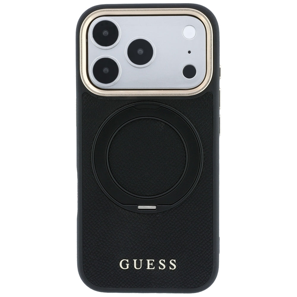 Калъф MagSafe за Apple iPhone 18 Pro Max / 17 Pro Max, Guess, Grained Ring Stand 360 Classic, черен