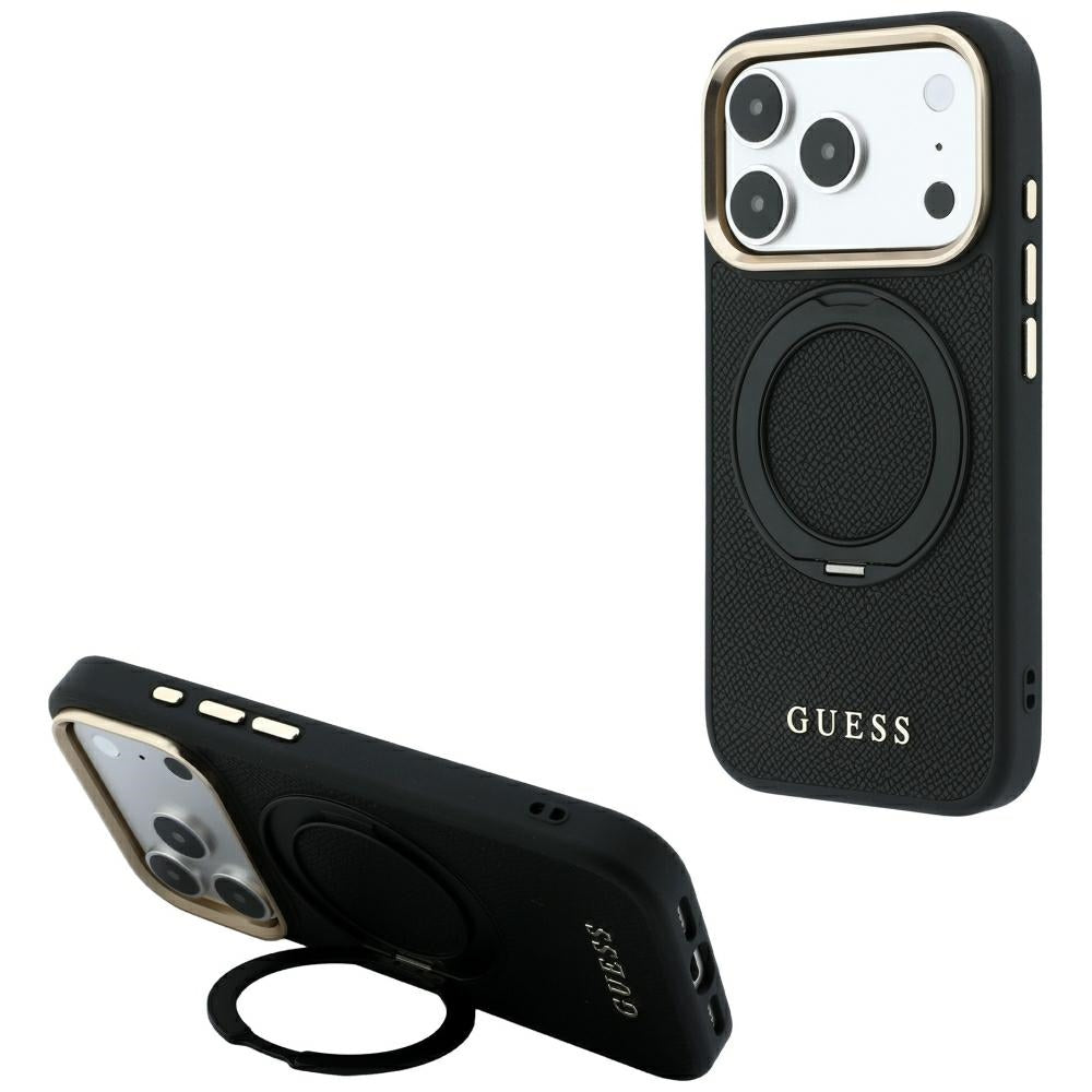Калъф MagSafe за Apple iPhone 18 Pro Max / 17 Pro Max, Guess, Grained Ring Stand 360 Classic, черен