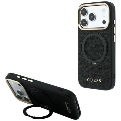 Калъф MagSafe за Apple iPhone 18 Pro Max / 17 Pro Max, Guess, Grained Ring Stand 360 Classic, черен