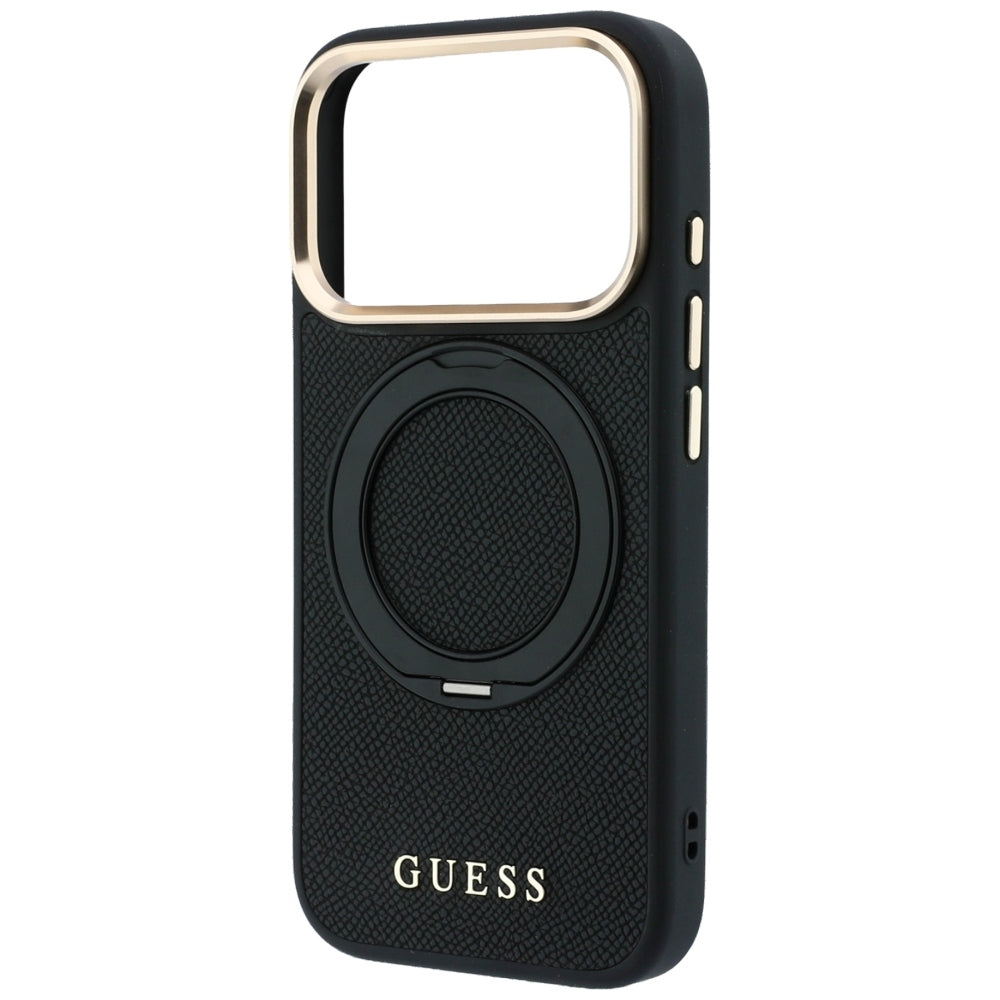 Калъф MagSafe за Apple iPhone 18 Pro Max / 17 Pro Max, Guess, Grained Ring Stand 360 Classic, черен