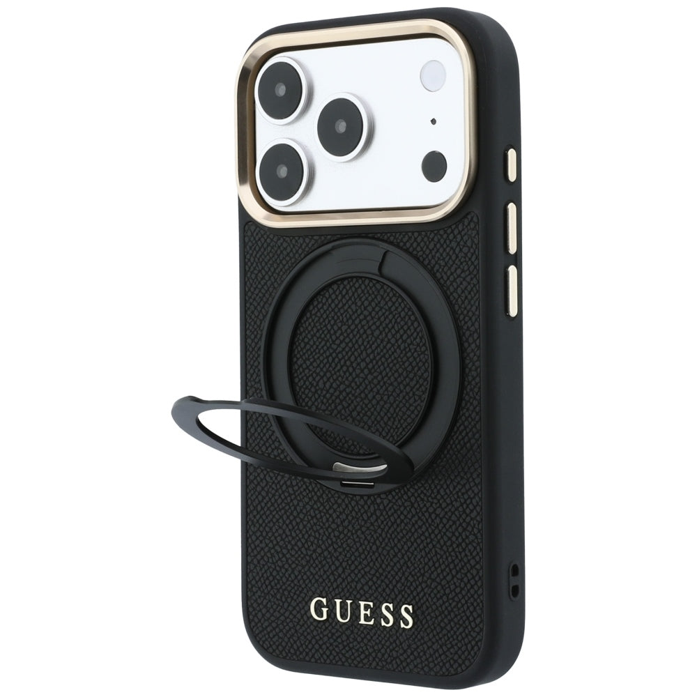 Калъф MagSafe за Apple iPhone 18 Pro Max / 17 Pro Max, Guess, Grained Ring Stand 360 Classic, черен