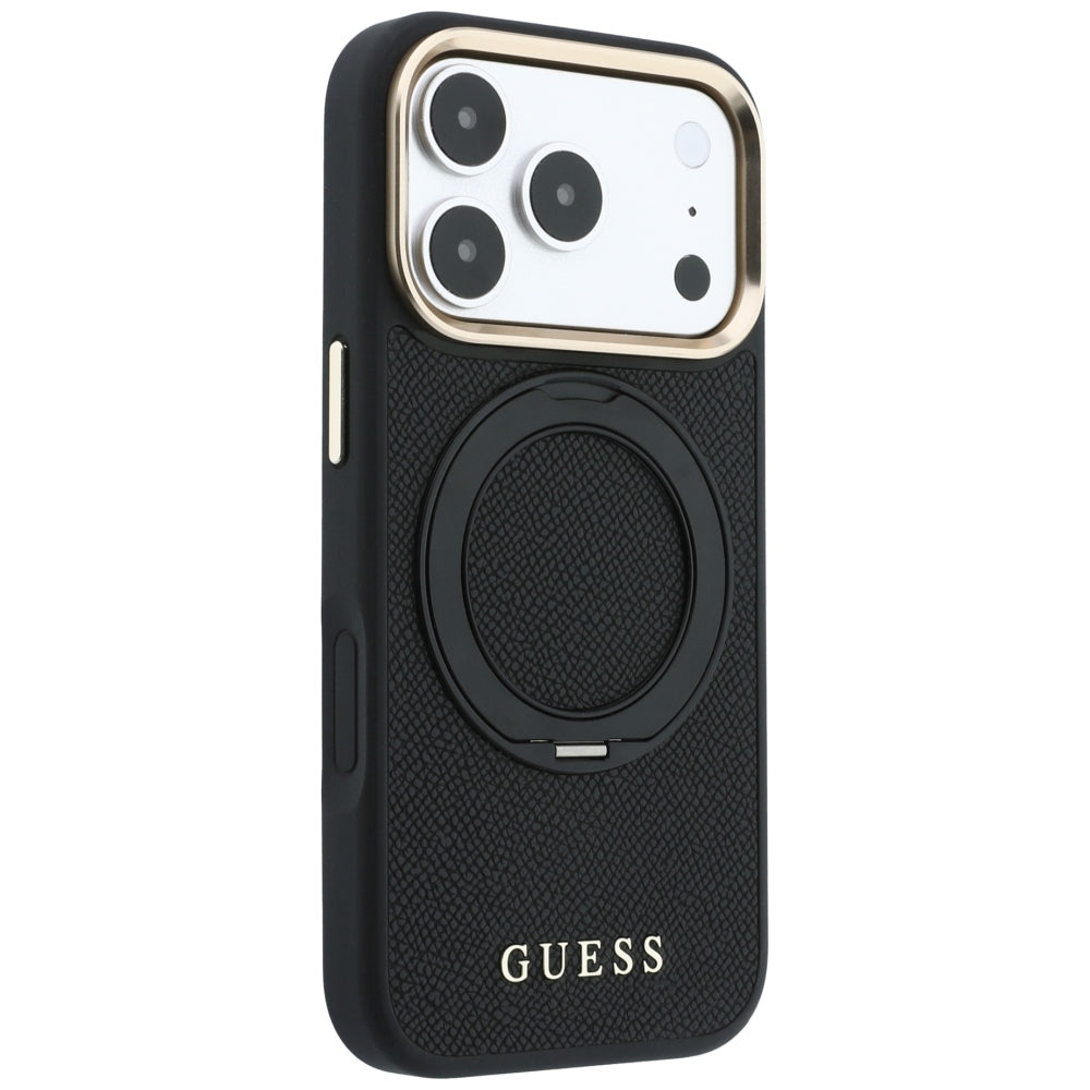 Калъф MagSafe за Apple iPhone 18 Pro Max / 17 Pro Max, Guess, Grained Ring Stand 360 Classic, черен