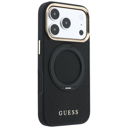 Калъф MagSafe за Apple iPhone 18 Pro Max / 17 Pro Max, Guess, Grained Ring Stand 360 Classic, черен
