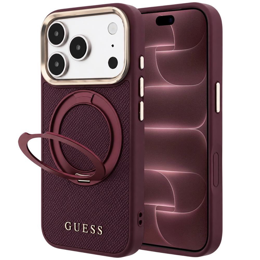 Калъф MagSafe за Apple iPhone 18 Pro Max / 17 Pro Max, Guess, Grained Ring Stand 360 Classic, Бордо