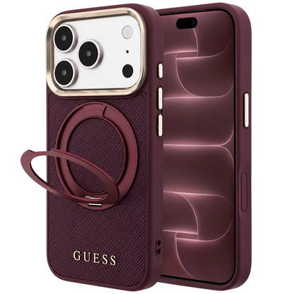 Калъф MagSafe за Apple iPhone 18 Pro Max / 17 Pro Max, Guess, Grained Ring Stand 360 Classic, Бордо