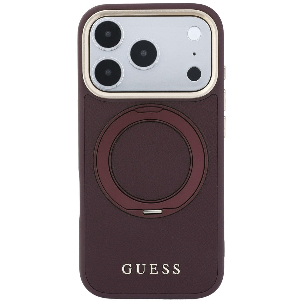 Калъф MagSafe за Apple iPhone 18 Pro Max / 17 Pro Max, Guess, Grained Ring Stand 360 Classic, Бордо