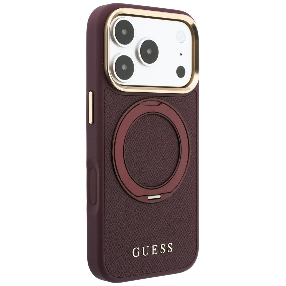 Калъф MagSafe за Apple iPhone 18 Pro Max / 17 Pro Max, Guess, Grained Ring Stand 360 Classic, Бордо