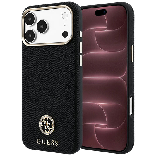 Калъф MagSafe за Apple iPhone 18 Pro Max / 17 Pro Max, Guess, Зърнест Кръгъл Лого с Кристали, Черен