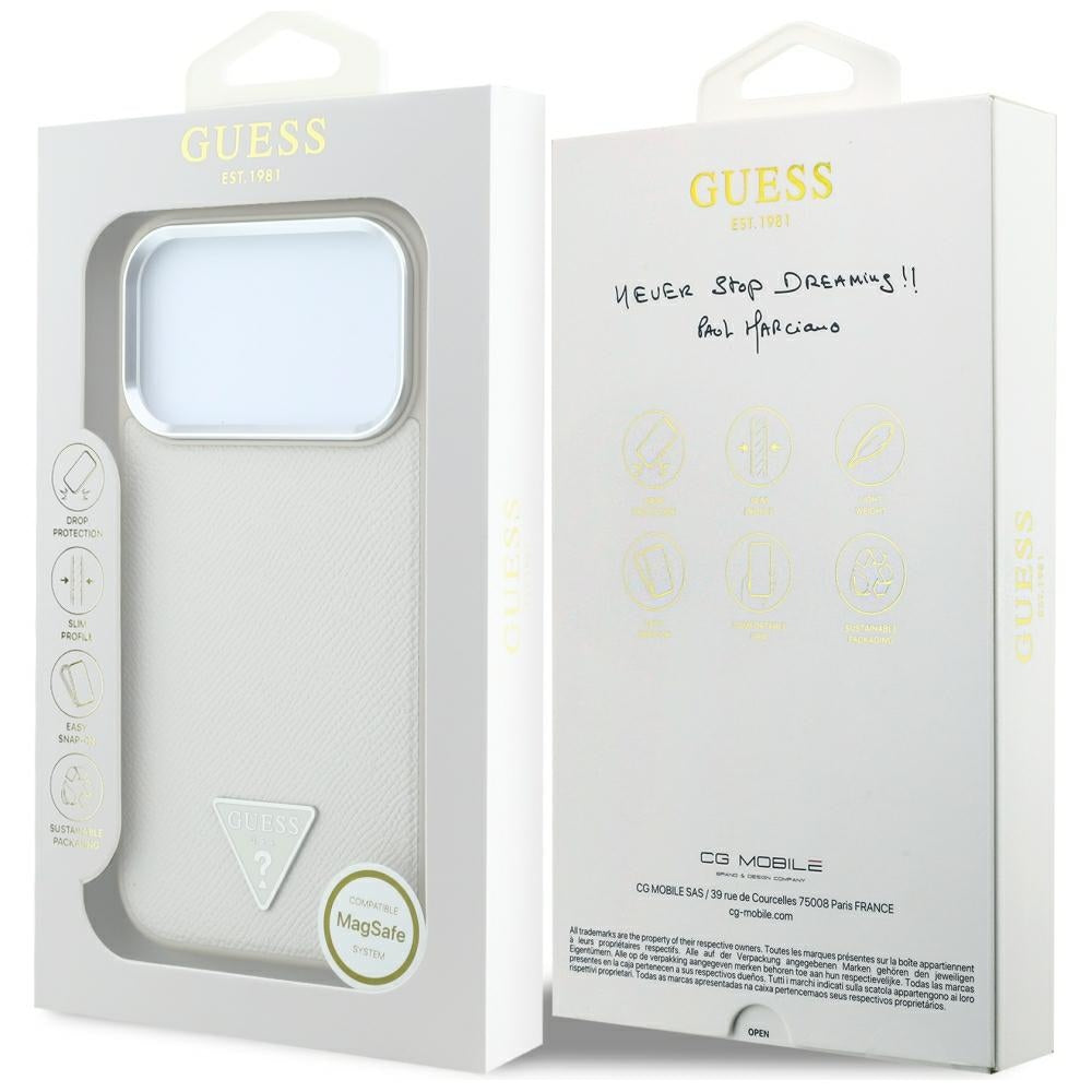 Калъф MagSafe за Apple iPhone 18 Pro Max / 17 Pro Max, Guess, Гранулирано триъгълно лого, Бежов