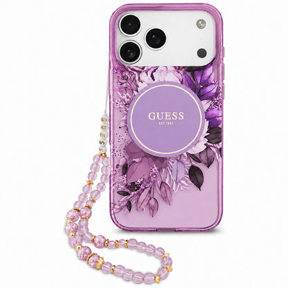 Калъф MagSafe за Apple iPhone 18 Pro Max / 17 Pro Max, Guess, IML Flowers with Pearl Strap, лилав