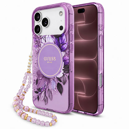 Калъф MagSafe за Apple iPhone 18 Pro Max / 17 Pro Max, Guess, IML Flowers with Pearl Strap, лилав