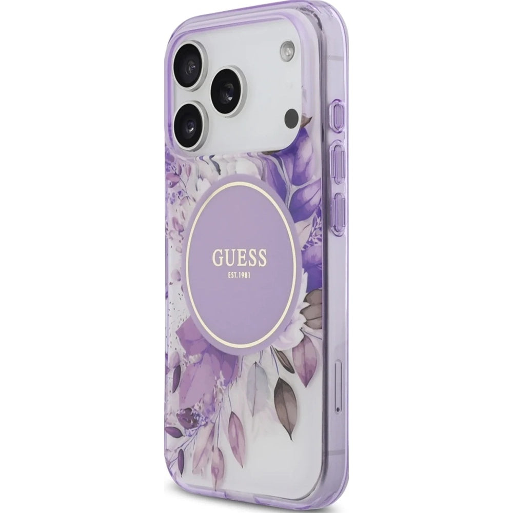 Калъф MagSafe за Apple iPhone 18 Pro Max / 17 Pro Max, Guess, IML Flowers with Pearl Strap, лилав