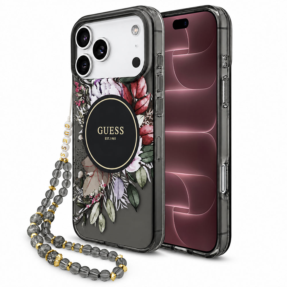 MagSafe Case for Apple iPhone 18 Pro Max / 17 Pro Max, Guess, IML Flowers with Pearl Strap, Black