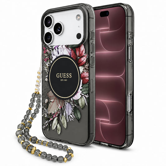 Калъф MagSafe за Apple iPhone 18 Pro Max / 17 Pro Max, Guess, IML Flowers with Pearl Strap, черен