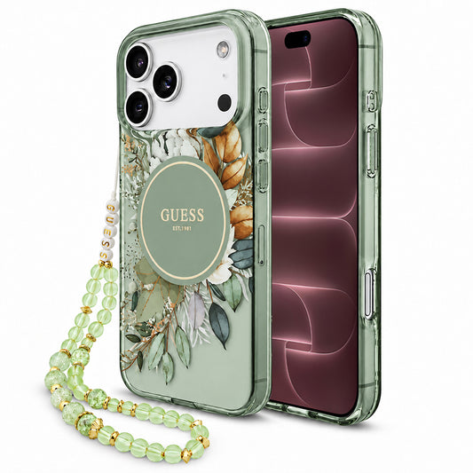 Калъф MagSafe за Apple iPhone 18 Pro Max / 17 Pro Max, Guess, IML Flowers with Pearl Strap, зелен
