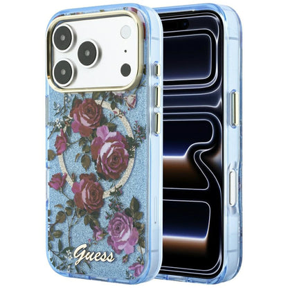 Калъф MagSafe за Apple iPhone 18 Pro Max / 17 Pro Max, Guess, IML Glitter Blossom Roses, Bleu