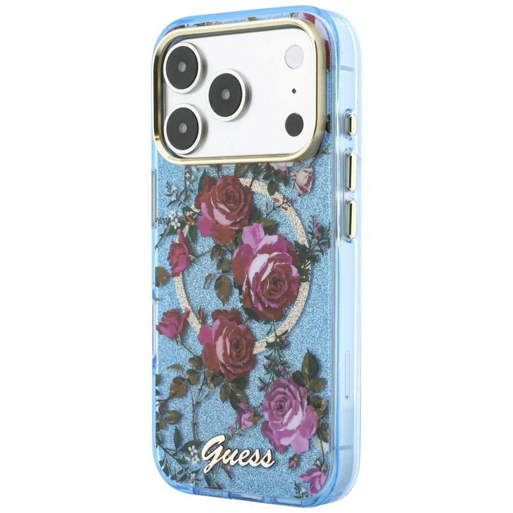 Калъф MagSafe за Apple iPhone 18 Pro Max / 17 Pro Max, Guess, IML Glitter Blossom Roses, Bleu