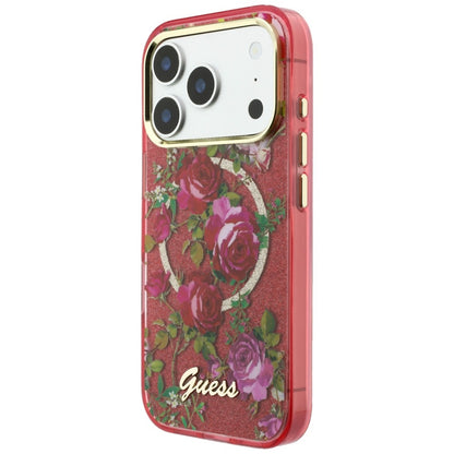 Калъф MagSafe за Apple iPhone 18 Pro Max / 17 Pro Max, Guess, IML Glitter Blossom Roses, Бордо