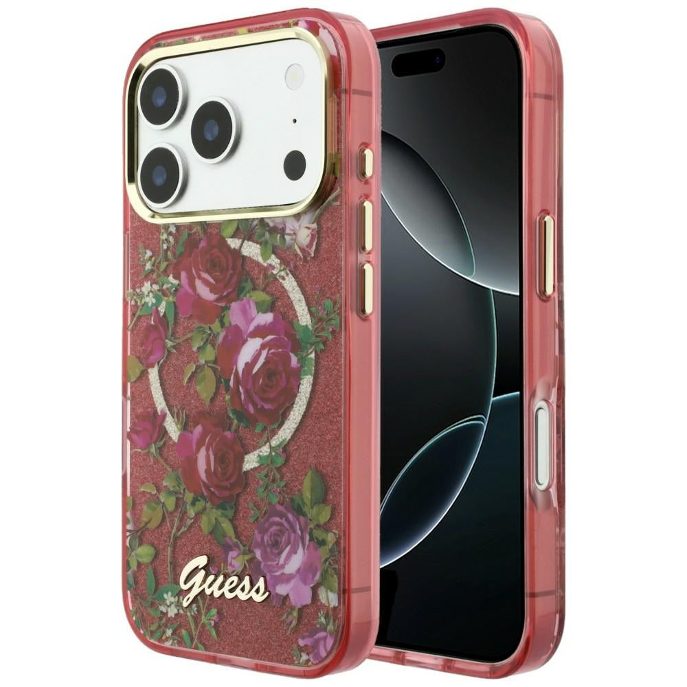 Калъф MagSafe за Apple iPhone 18 Pro Max / 17 Pro Max, Guess, IML Glitter Blossom Roses, Бордо