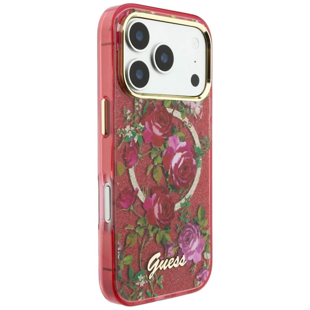 Калъф MagSafe за Apple iPhone 18 Pro Max / 17 Pro Max, Guess, IML Glitter Blossom Roses, Бордо