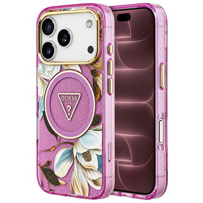 Калъф MagSafe за Apple iPhone 18 Pro Max / 17 Pro Max, Guess, IML Metal Glitter Flowers Triangle, лилав