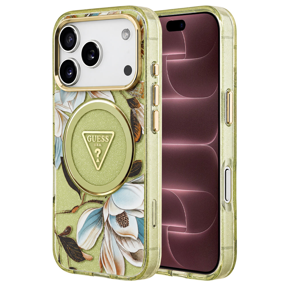 Калъф MagSafe за Apple iPhone 18 Pro Max / 17 Pro Max, Guess, IML Metal Glitter Flowers Triangle, зелен