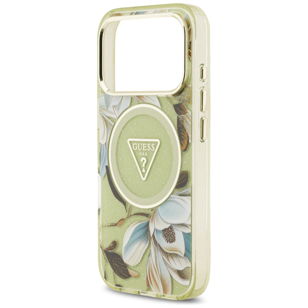 Калъф MagSafe за Apple iPhone 18 Pro Max / 17 Pro Max, Guess, IML Metal Glitter Flowers Triangle, зелен