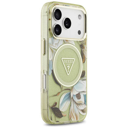 Калъф MagSafe за Apple iPhone 18 Pro Max / 17 Pro Max, Guess, IML Metal Glitter Flowers Triangle, зелен