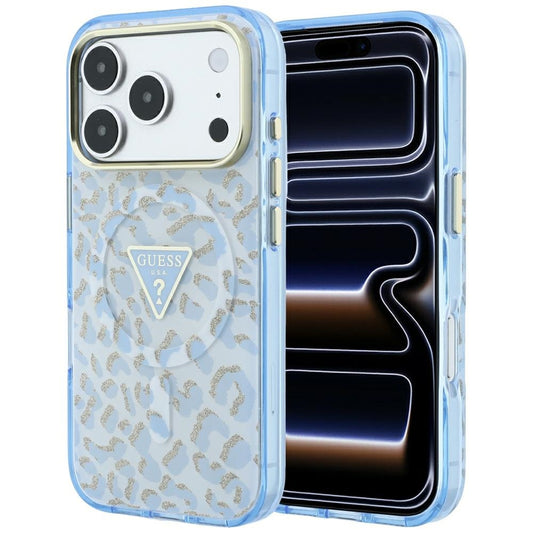 Калъф MagSafe за Apple iPhone 18 Pro Max / 17 Pro Max, Guess, Леопардов бляскав триъгълен лого, Син