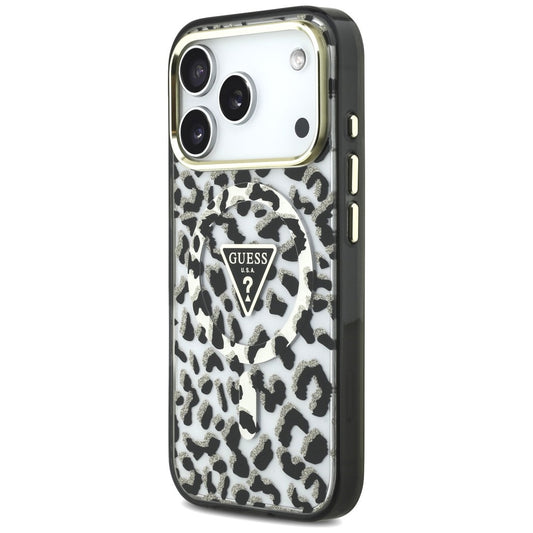 Калъф MagSafe за Apple iPhone 18 Pro Max / 17 Pro Max, Guess, Leopard Glitter Triangle Logo, Черен