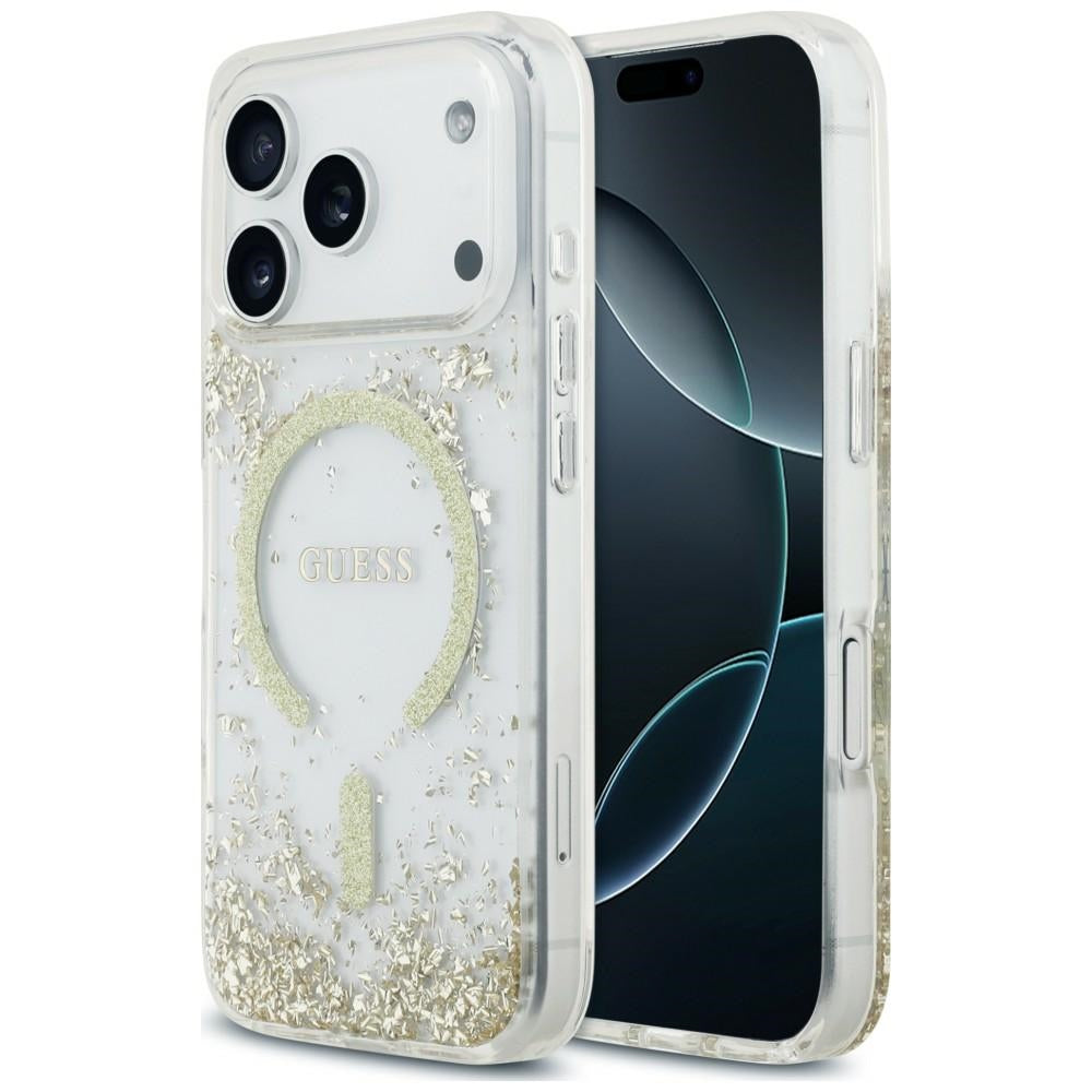Калъф MagSafe за Apple iPhone 18 Pro Max / 17 Pro Max, Guess, смолисто дъно с брокат, златист