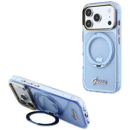Калъф MagSafe за Apple iPhone 18 Pro Max / 17 Pro Max, Guess, Ring Stand Script Metal Logo, Bleu