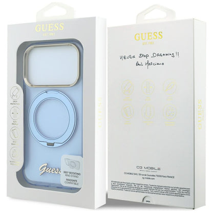 Калъф MagSafe за Apple iPhone 18 Pro Max / 17 Pro Max, Guess, Ring Stand Script Metal Logo, Bleu