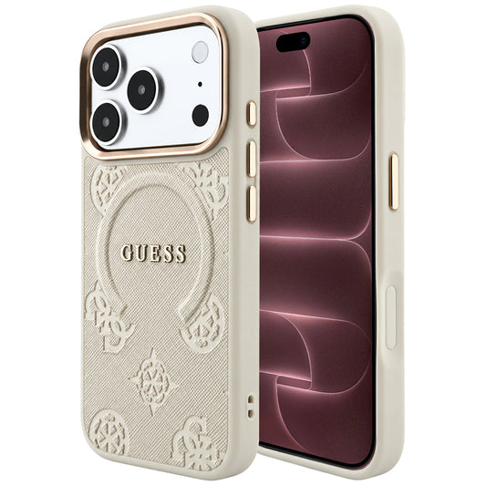 Калъф MagSafe за Apple iPhone 18 Pro Max / 17 Pro Max, Guess, Saffiano Peony Hot Stamp, Бежов