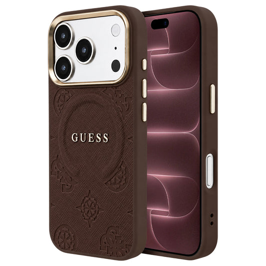 Калъф MagSafe за Apple iPhone 18 Pro Max / 17 Pro Max, Guess, Saffiano Peony Ring, кафяво