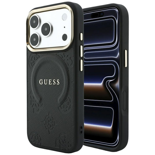 Калъф MagSafe за Apple iPhone 18 Pro Max / 17 Pro Max, Guess, Saffiano Peony Ring, Черен