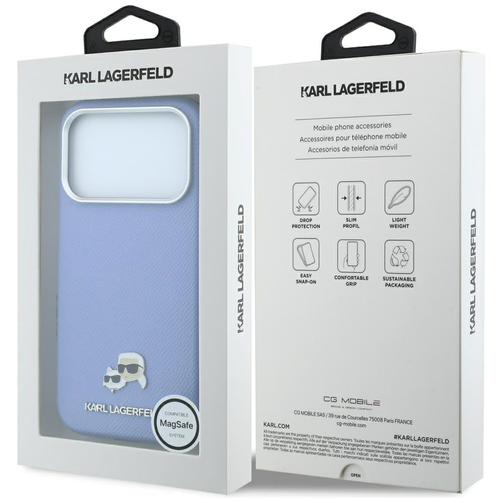 Калъф MagSafe за Apple iPhone 18 Pro Max / 17 Pro Max, Karl Lagerfeld, Grained Karl & Choupette Head's Metal, Bleu