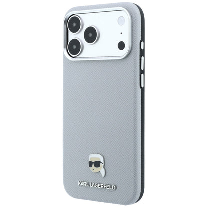 Калъф MagSafe за Apple iPhone 18 Pro Max / 17 Pro Max, Karl Lagerfeld, Зърнест метал с глава на Karl, Сив