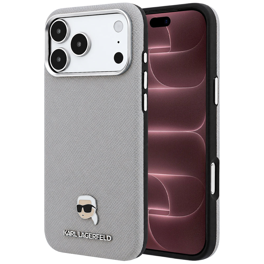 Калъф MagSafe за Apple iPhone 18 Pro Max / 17 Pro Max, Karl Lagerfeld, Зърнест метал с глава на Karl, Сив