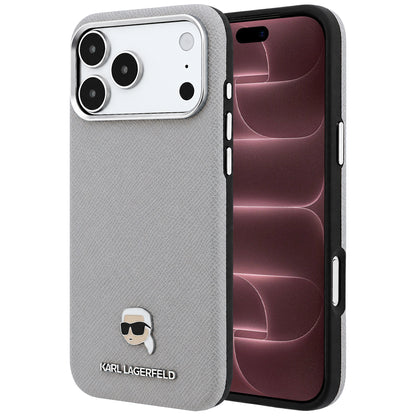 Калъф MagSafe за Apple iPhone 18 Pro Max / 17 Pro Max, Karl Lagerfeld, Зърнест метал с глава на Karl, Сив