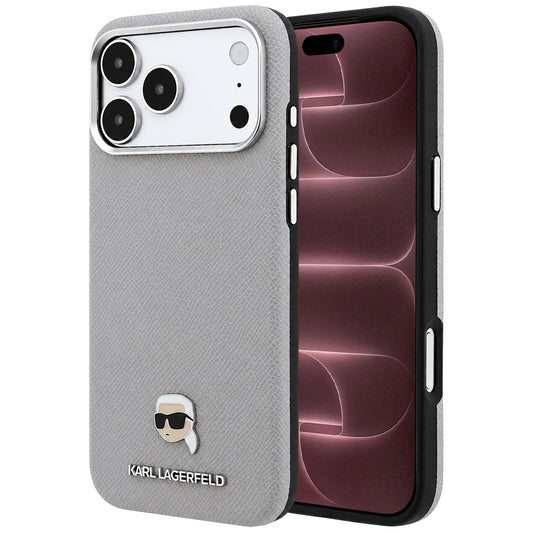 Калъф MagSafe за Apple iPhone 18 Pro Max / 17 Pro Max, Karl Lagerfeld, Зърнест метал с глава на Karl, Сив