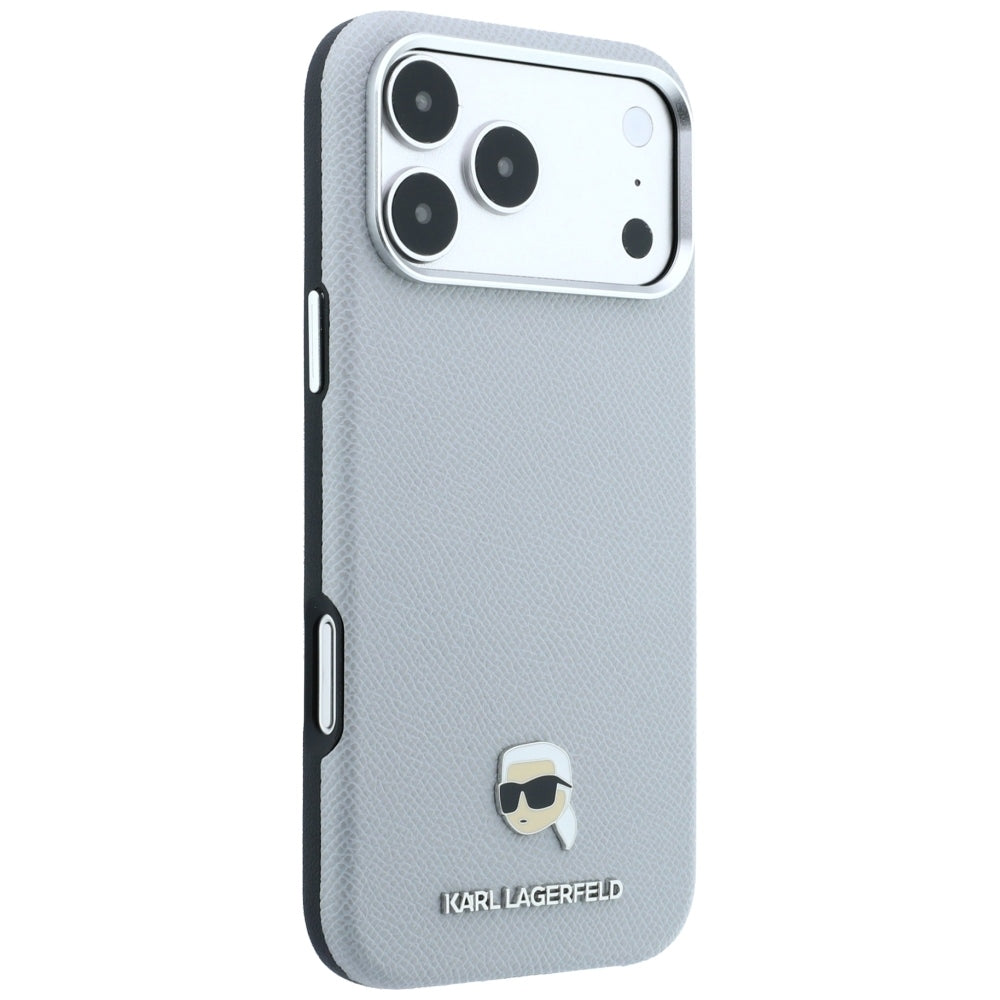 Калъф MagSafe за Apple iPhone 18 Pro Max / 17 Pro Max, Karl Lagerfeld, Зърнест метал с глава на Karl, Сив