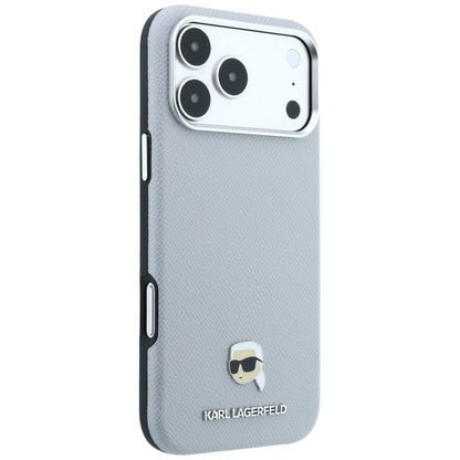 Калъф MagSafe за Apple iPhone 18 Pro Max / 17 Pro Max, Karl Lagerfeld, Зърнест метал с глава на Karl, Сив