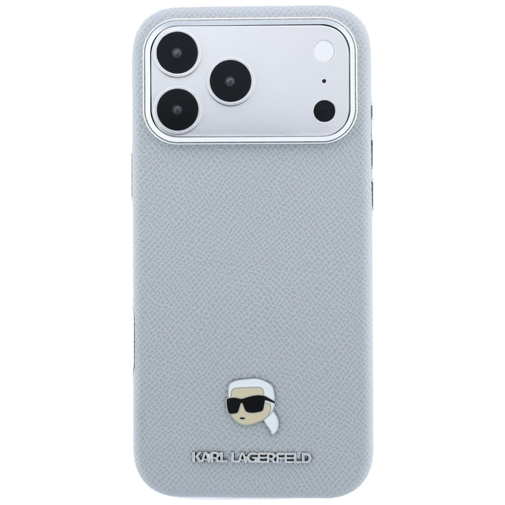 Калъф MagSafe за Apple iPhone 18 Pro Max / 17 Pro Max, Karl Lagerfeld, Зърнест метал с глава на Karl, Сив