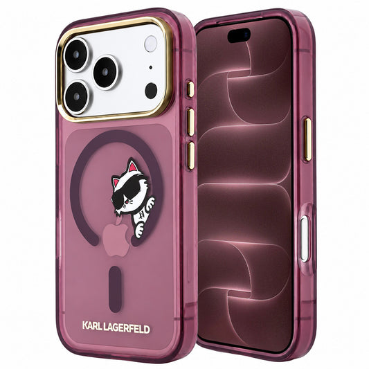 Калъф MagSafe за Apple iPhone 18 Pro Max / 17 Pro Max, Karl Lagerfeld, IML Peekaboo Print и метална рамка, Бордо