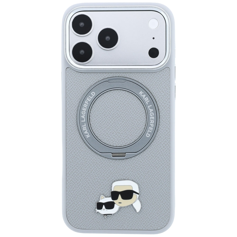 MagSafe Case for Apple iPhone 18 Pro Max / 17 Pro Max, Karl Lagerfeld, Ring Stand 360 Karl & Choupette Pin, Gray