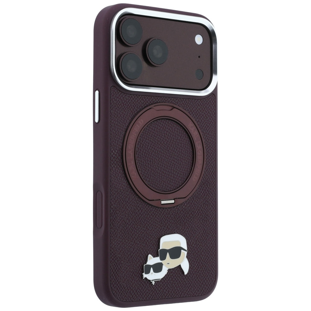 Калъф MagSafe за Apple iPhone 18 Pro Max / 17 Pro Max, Karl Lagerfeld, Ring Stand 360 Karl & Choupette Pin, цвят бордо