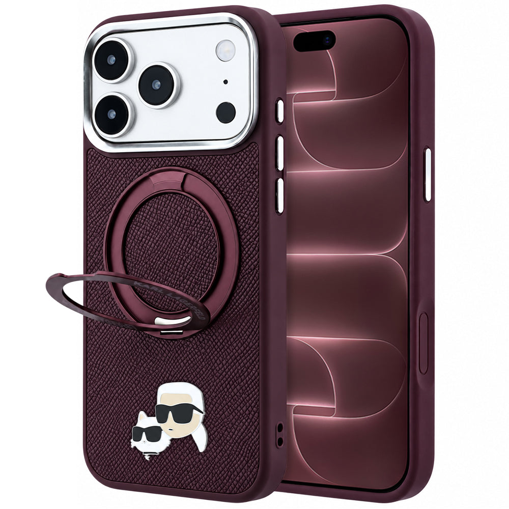 Калъф MagSafe за Apple iPhone 18 Pro Max / 17 Pro Max, Karl Lagerfeld, Ring Stand 360 Karl & Choupette Pin, цвят бордо