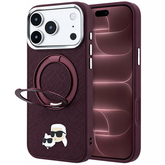 MagSafe Case for Apple iPhone 18 Pro Max / 17 Pro Max, Karl Lagerfeld, Ring Stand 360 Karl & Choupette Pin, Burgundy